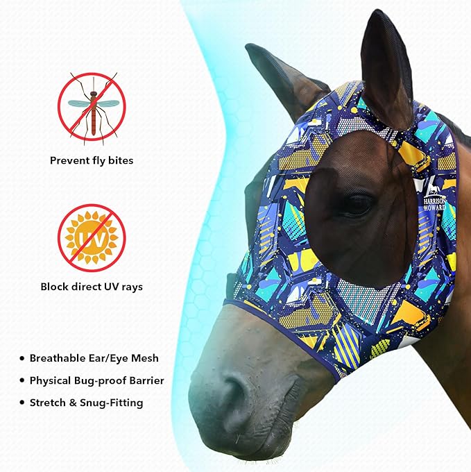 Harrison Howard Super Comfort Stretchy Fitting Horse Fly Mask with UV Protection Soft on Skin with Breathability Graffiti Mix Pony