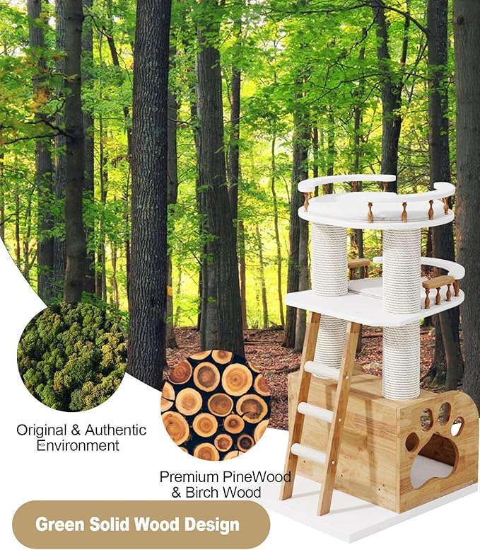 Modern Cat Tree, Solid Wooden Cats Tower, 37" Luxury Cats Trees Condo for Large Cat, Multi-Level Cat Tree Tower Natural Cat House Furniture, with Scratching Posts, Removable Washable Cushions