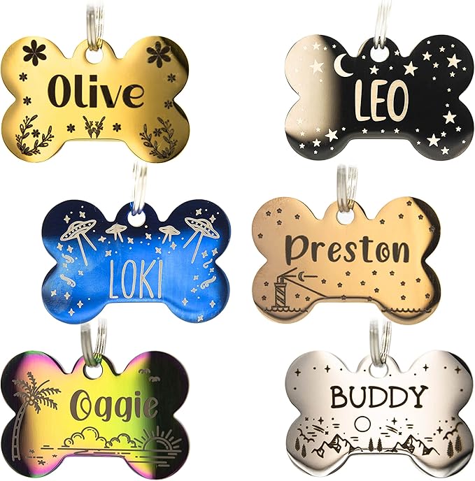 Personalized Dog Tag with 5 Lines of Custom Deep Engraved Durable Stainless Steel Pet ID Name Tag Designer Small Size Bone