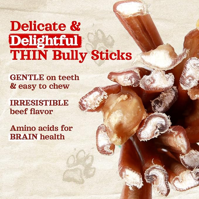 Natural Farm Odor-Free Thin Bully Sticks (6”, 25-Pack) All-Natural Long-Lasting Dog Chews, 100% Beef Pizzle, Grass-Fed, Grain-Free, Protein for Muscle Development & Energy, Perfect for Medium Chewers