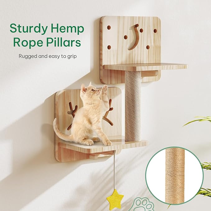 Cat Wall Shelves, Cat Wall Furniture Pine Wooden Feline Shelf, 13 Piece Shelves and Perches with Bowl, Warmer Mat, Condo, House, Steps and Cat Scratcher
