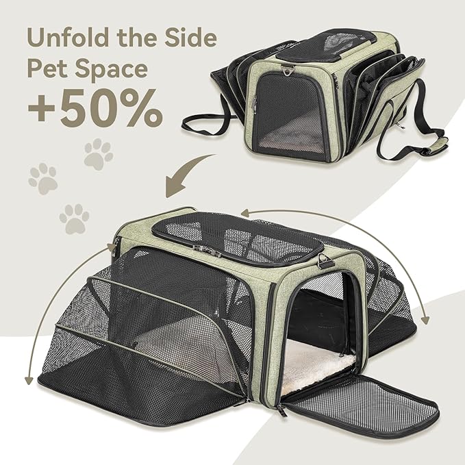 Petsfit Expandable Rabbit Carrier Bunny Carriers, 16 Inch Airline Approved Pet Carrier with 2 Extensions, Soft Washable Cushion, Self-Locking Zipper Head, Built-in Safety Rope, Fit for Travel