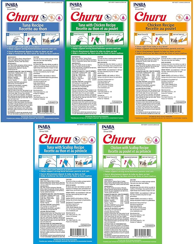 INABA Churu Lickable Creamy Purée Cat Treats 5 Flavor Variety Pack of 20 Tubes