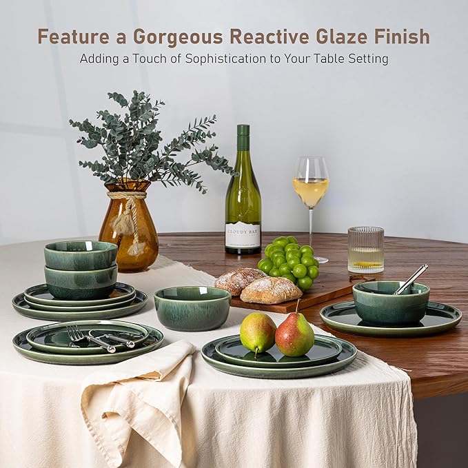 GBHOME Ceramic Dinnerware Sets for 6, 18 Pieces Stoneware Plates and Bowls Sets, Reactive Glaze Dishes -Scratch Resistant, Dishwasher&Microwave Safe, Earth Green