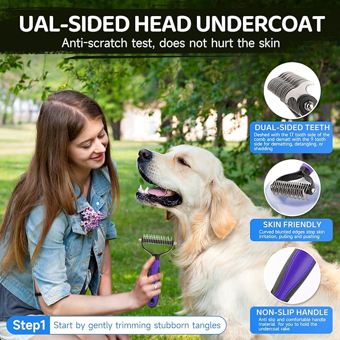 Dog Brush Kit – 3 PCS Grooming Set with Self-Cleaning Brush, Undercoat Rake & Pet Bath Brush. Great for Shedding, Tangles & Dirt Removal – Ideal for Long & Short Haired Dogs & Cats, Blue