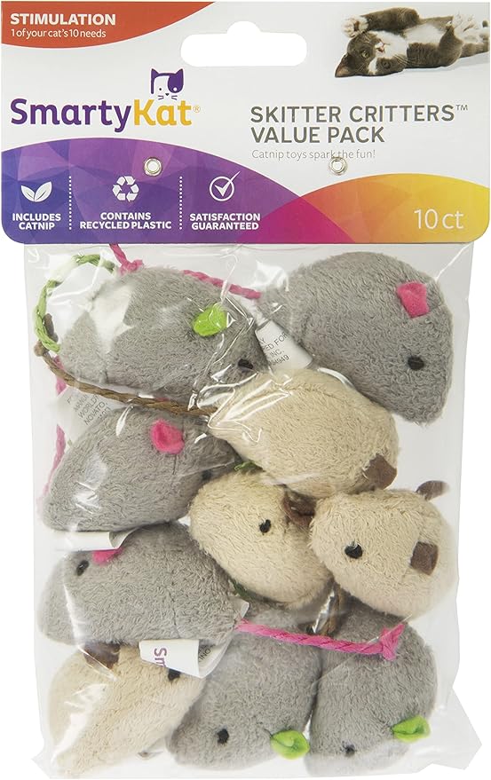 SmartyKat Skitter Critters Value Pack Catnip Cat Toys - Gray/Cream, Set of 10