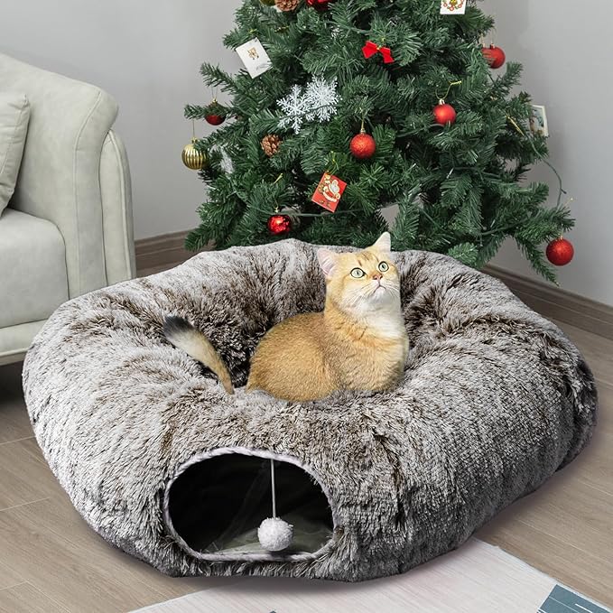 AUOON Cat Tunnel Bed - Cat Donut Tunnel with Soft Plush Circle Cushion for Indoor Cats Kitten Kitty Puppy Rabbit Ferret (Brown)