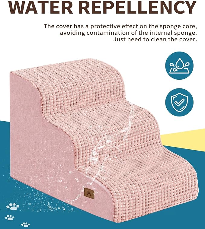 Dog Step for Bed, Dog Stair 3-Step 35D Pet Stair 15.7" H for High Bed or Sofa Non-Slip Balanced Pet Step Indoor, Pink