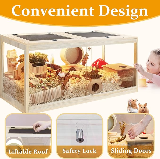 Prolee Hamster Cage with Openable Metal Mesh Top,Hamster Enclosure and Gerbil Cage with Clear Panels for Hamster Habitat,Solid Built with Lock Design (40“x20”x20)