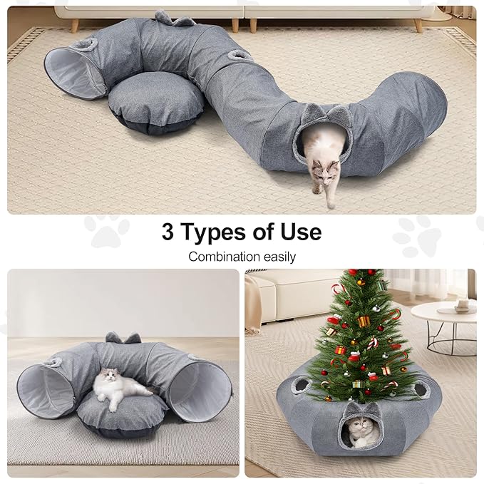 Odoland Summer Linen Cat Tunnels for Indoor Cats with Cooling Central Cat Bed, Interactive Cat Toys Detachable Soft Mat and Variety Kitty Toy Set Grey