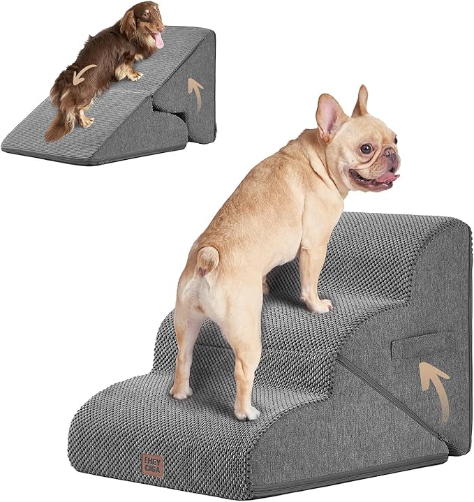 EHEYCIGA Curved Foldable Dog Stairs Ramp for Small Dogs 16" H, 3-Step Dog Steps for Couch Sofa and Chair, Pet Stairs for Cats, Non-Slip Balanced Pet Steps Indoor, Grey