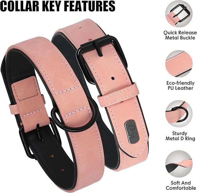 Didog Soft Padded PU Leather Dog Collar, Breathable and Adjustable Pink Dog Collar for Large Dogs, Comfortable for Daily Walk Pink, XL Fit Neck 17-21"(44-71 lbs)