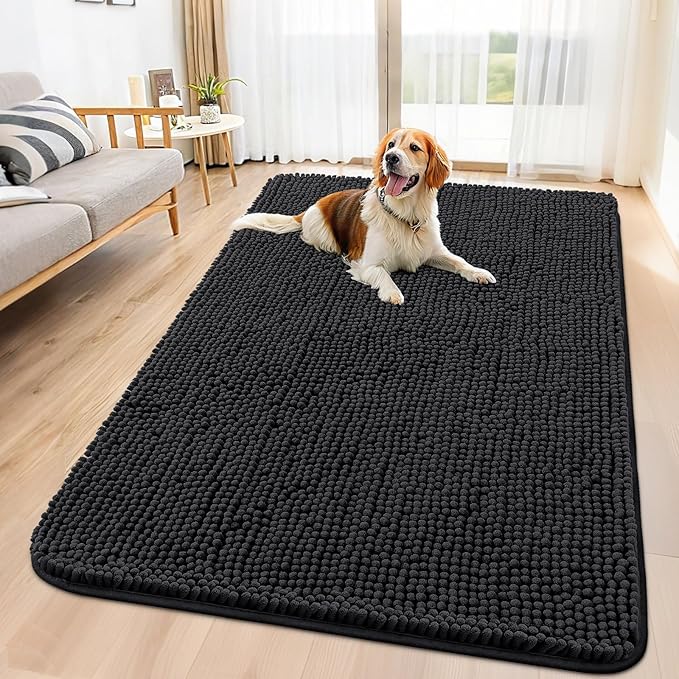 Smiry Dog Door Mat for Muddy Paws 59x35, Absorbs Moisture and Dirt Doormat, Non-Slip Washable Quick Dry Chenille Front Door Mat Indoor Entrance, Entryway Carpet for Inside Floor, Black