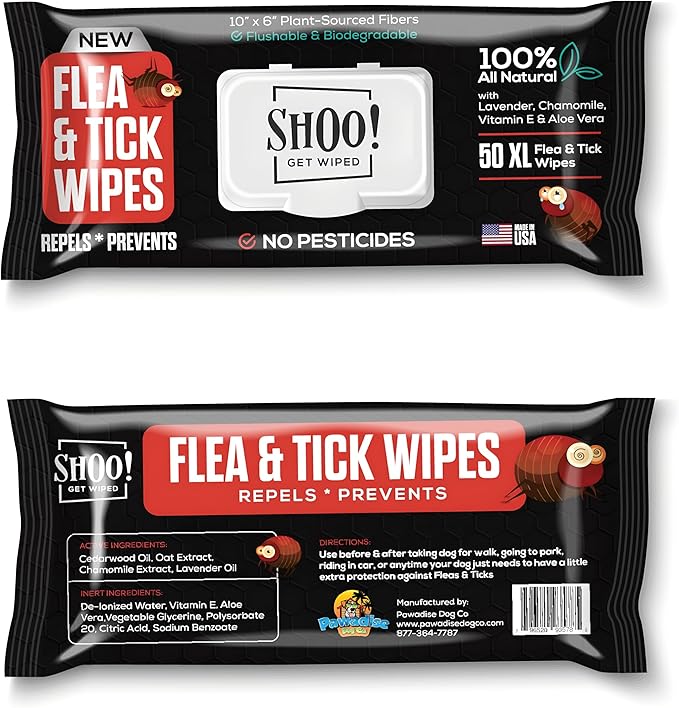 Shoo! Flea & Tick Wipes for Dogs | Convenient, Easy On-The-Go Protection | Plant Based, Natural Oils, Chemical Free | Repels & Prevents | 50 XL Wipes (2 Pack) | Original -Lavender