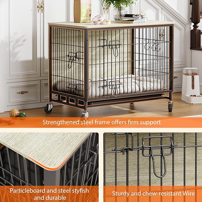 Dog Crate Furniture, 27.2" Small Dog Kennel Wooden Dog Crate with Pull-Out Tray, Double Doors, Modern End Table for Small/Medium Dogs, Rustic Brown