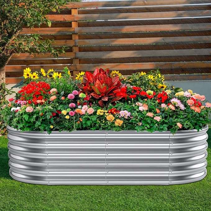 Land Guard 4×2×1.5ft Galvanized Raised Garden Bed Kit, Galvanized Planter Garden Boxes Outdoor, Oval Large Metal Raised Garden Bed for Vegetables……… (Classic Silver