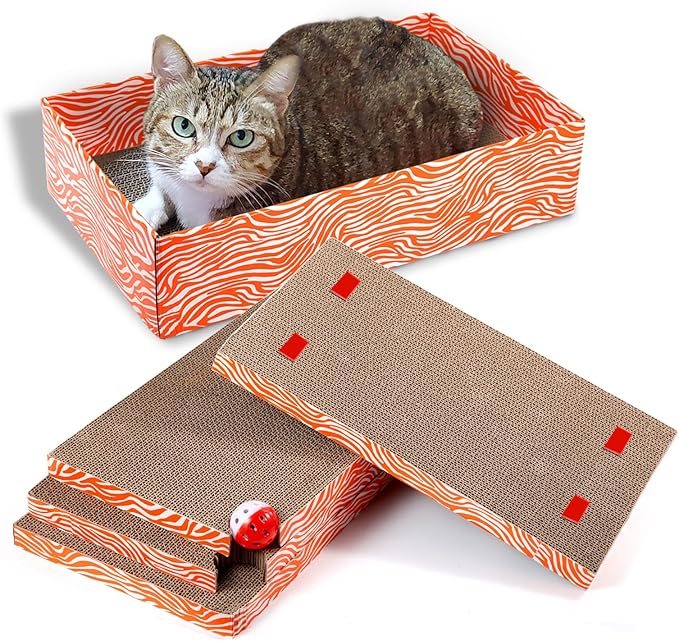 Cat Scrather Box with 4 pcs Large Scratching Cardboard and Toy Ball, Catnip, 4 in 1 Large Refillable & Reversible Cat Scratcher Pad, Cardboard Cat Bed for Big Medium Small Lazy Kitty