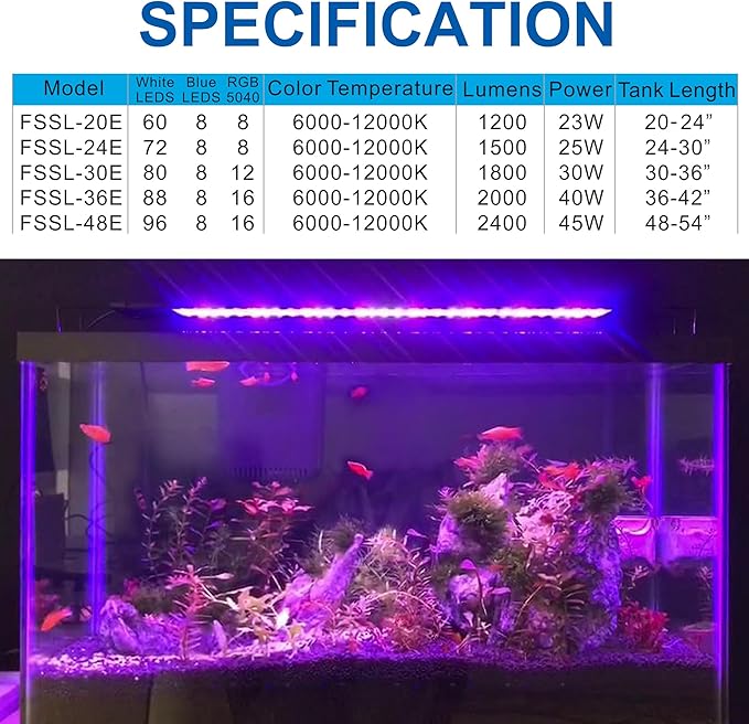 OYO WATER Aquarium LED Light 48"-56" with Timer, 24/7 Cycle, 5 Dimmable Brightness, Sunrise/Sunset Simulation for 10/20/30/55 Gallon Fish Tank