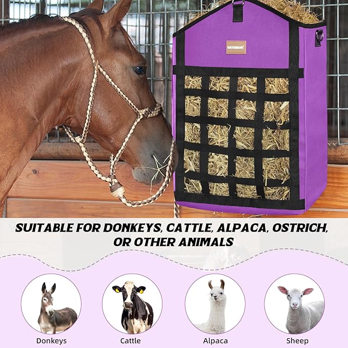 Innovative Hay Bags for Horses, Goat Hay Feeder with Reinforced Oxford Fabric and High Strength Metal Clasp,Horse Feeding Supplies with Adjustable Strap for Easy Hanging (2Purple+1Black)