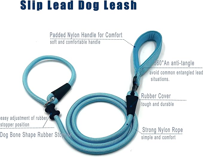Slip Lead Dog Leash，Strong Nylon Rope Leash and Padded Handle,No Pull Outdoor Walking Training Lead for Small Medium Large Dogs(Light Bule, 1/2"×6ft)