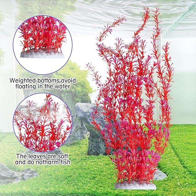 Hamiledyi Aquarium Plastic Plants Aquarium Decor Artificial Fish Tank Plants,Tall Fish Tank Decorations, Extra Large Aquarium Plant 23.6-inch Tall,2PCS（Red）