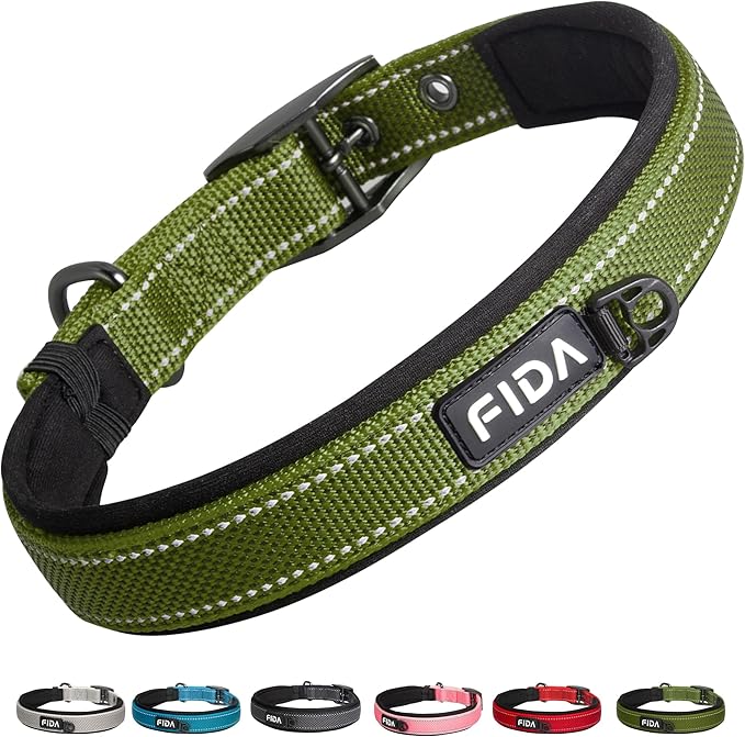 Fida Heavy Duty Dog Collar for Large Dogs, Ultra Comfortable Soft Neoprene Padded, Adjustable Reflective Nylon Pet Collar with Durable Metal Belt Buckle for Large Breeds (L, Green)