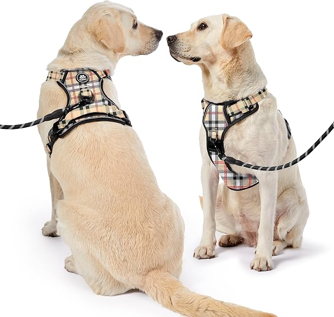 NESTROAD No Pull Dog Harness with Leash, Reflective No Choke Pet Vest Harness,Adjustable Soft Padded Dog Harness with Easy Control Handle for Large Dogs(Checkered Beige,X-Large)