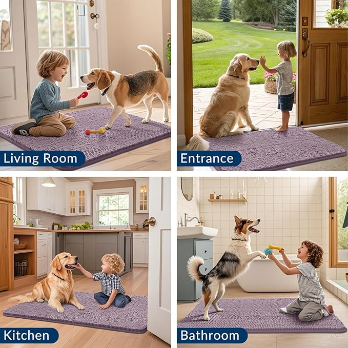 Smiry Dog Door Mat for Muddy Paws 30x20, Absorbs Moisture and Dirt Doormat, Non-Slip Washable Quick Dry Chenille Front Door Mat Indoor Entrance, Entryway Carpet for Inside Floor, Deep Plum