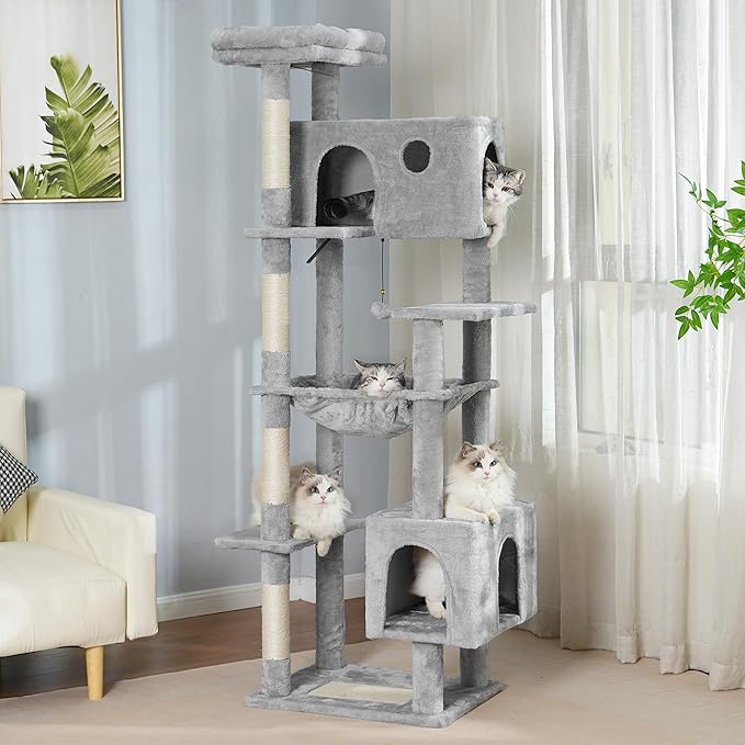 72” Cat Tree for Large Cats Big Cat Tower with Enlarged Hammock 21.6x17.7” Spacious Cats Condo House and Roomy Top Bed and Multiple Scratch Posts for Indoor Adult Cats (Grey, XLarge-72)