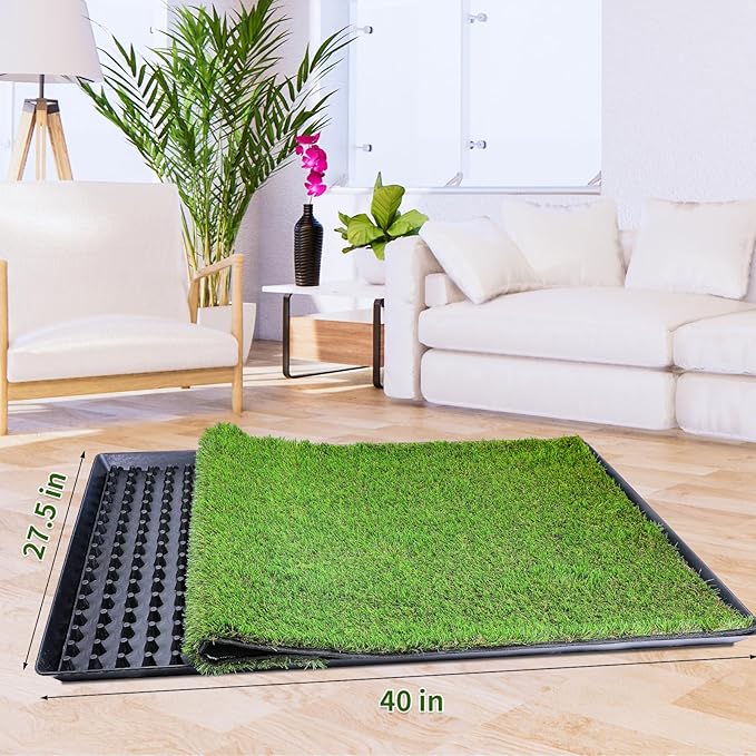 Dog Grass Pad with Tray(40×27.5 inch), Large XL Reusable 3-Layer Dog Pee Potty Grass Pads, Easy to Clean Artificial Fake Grass for Indoor Outdoor and Balcony (2 Pcs Grass Pad+Drainage Grate+Tray)