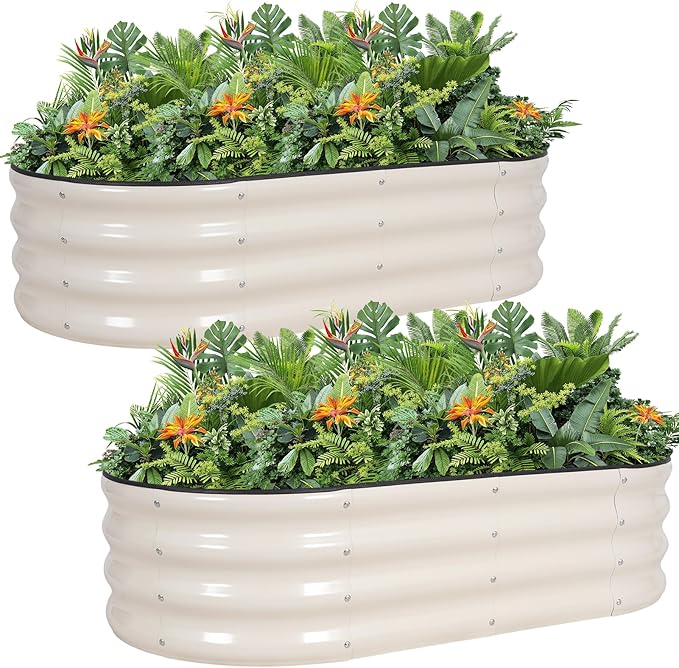 G GOOD GAIN Galvanized Metal Raised Garden Bed Kit - 4x2x1FT Outdoor Planter Box with Safety Edging and Gloves for Vegetables, Fruits, Flowers(White, 2PC)