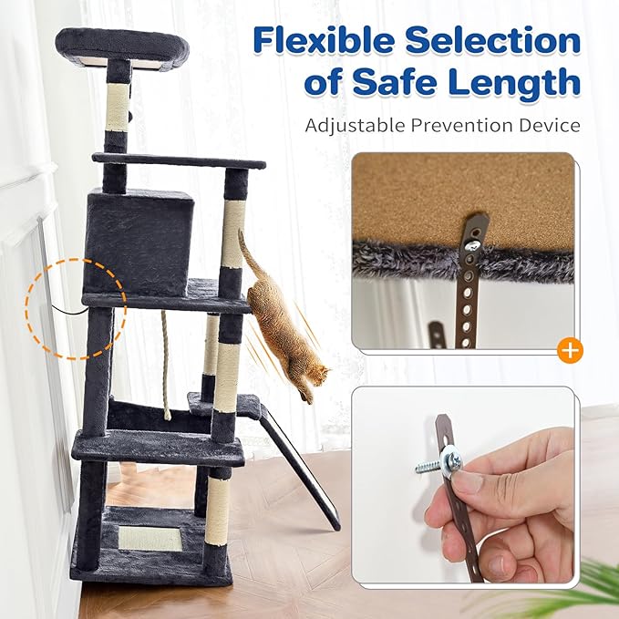 Cat Tree Tower 63in Multi-Level Cat Tower for Indoor Cats with Sisal Scratching Posts, Condo, Hammock, Dangling Ball and Extended Platform for Cats to Play, Light Grey
