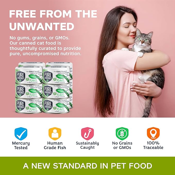 Mackerel Flakes in Tuna Consommé, Canned Wet Cat Food Soup, 100% Mercury-Tested, Moist Can Fish, Grain-Free Protein, Non-GMO, 3oz, Pack of 12