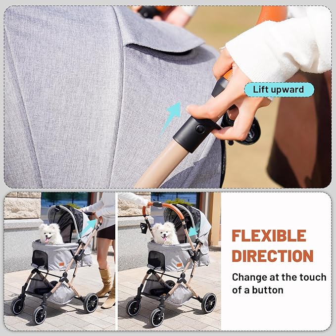 EchoSmile Small Medium Dogs Stroller 4-Wheel Pet Strollers for Medium Dogs Up to 50lbs, One Click Folding Large Cat Stroller, Reversible Handle, Shock Absorbing Wheels, Removable Washable Pad