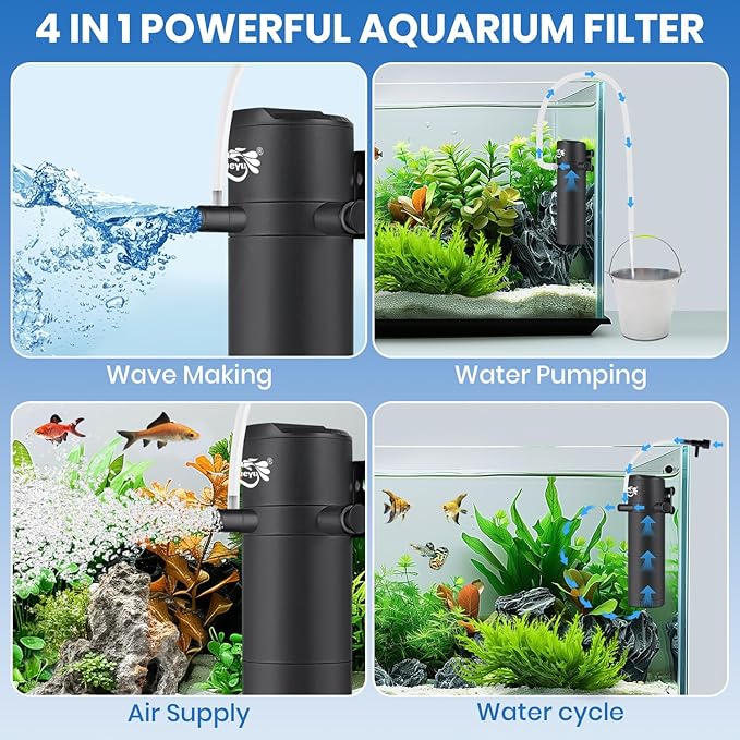 Aquarium Filter for 15-40 Gallon Tank, Submersible Fish Tank Filters with Wave-Maker Oxygenation Circulation, Adjustable Air Flow Filter for Freshwater & Saltwater (8W)