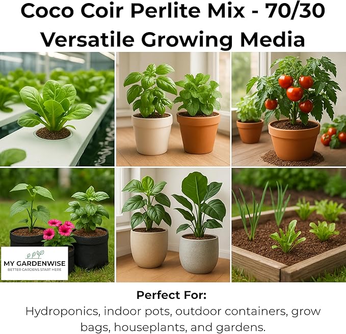 Coco Perlite - Coco Coir Perlite Mix - 70/30 Growing Media - Hydroponic, Indoor & Outdoor, Grow Bags & House Plants (5 quarts)