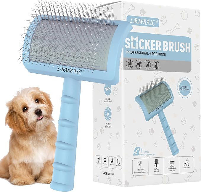 Slicker Brush for Poodles and Goldendoodles - Curved Brush for Thick, Fluffy, Shedding Fur on Dogs and Cats - Soft, Gentle Pins for Grooming (Blue)