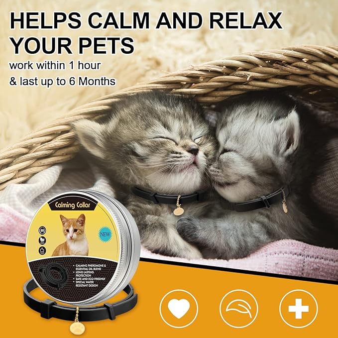 4 Pcs Cat Calming Collar Adjustable Lavender Scent Relaxing Cat Collar with 2 Pendant for Puppies Reduce Stress Aggression Anxious, up to 15 Inches(Black)