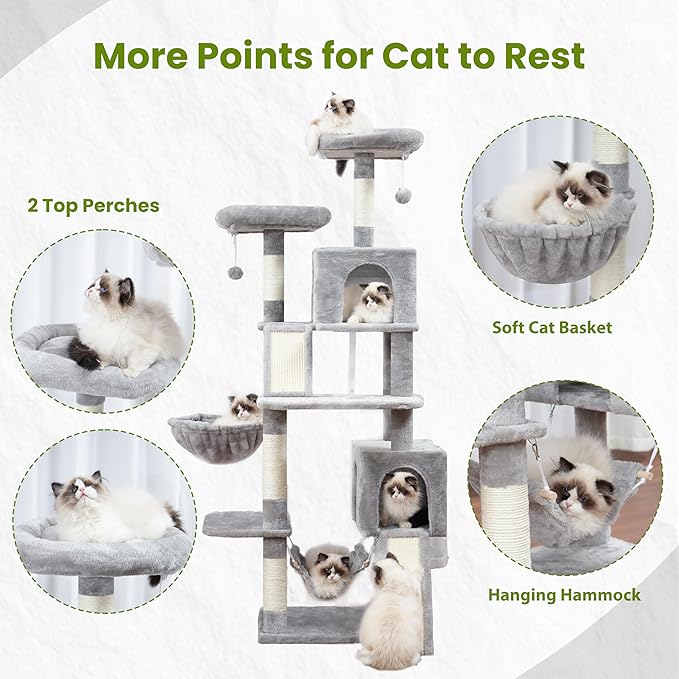 Cat Tree for Indoor Cats, 71'' (180cm) Multi-Level Cat Tower for Large Adult, Sturdy Cat Tree House with 2 Scratching Boards 7 Posts, 2 Plush Perches/Condos, Hammock, Light Gray GCT032W