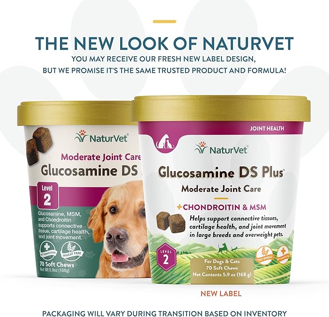 NaturVet – Glucosamine DS Plus - Level 2 Moderate Care – Supports Healthy Hip & Joint Function – Enhanced with Glucosamine, MSM & Chondroitin – for Dogs & Cats–70 Soft Chews