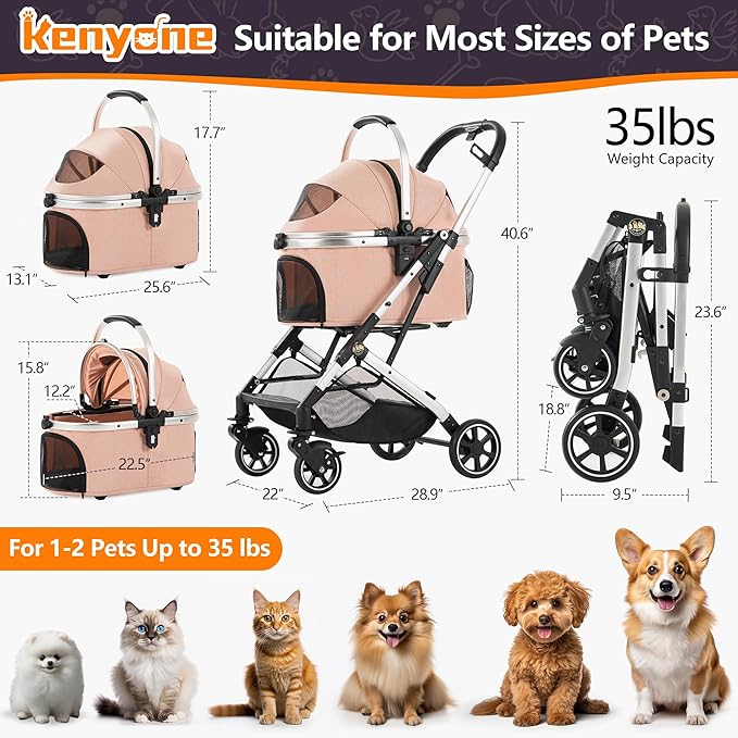 Kenyone 3-in-1 Pet Stroller for Small Medium Dogs Puppy Cat Stroller with Detachable Carrier & Pad Lightweight Foldable Aluminum Alloy Frame Dual No-Zip Entry(Pink)