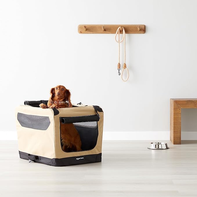 Amazon Basics 2 Door Foldable and Portable Travel Pet Kennel for Cat, Dog, Rabbit, 26 inch, Tan, S 26" x 18" x 18"