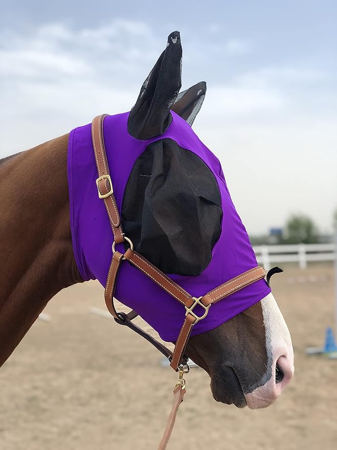 Horse Fly Mask Super Comfort Horse Fly Mask Elasticity Fly Mask with Ears We Only Make Products That Horses Like… (Dk Purple, L)
