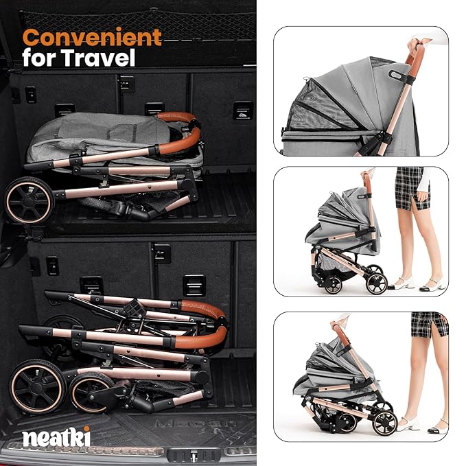 Foldable Pet Stroller for Dogs and Cats, 33 lbs Capacity, 360° Swivel Front Wheels, One-Click Fold, Brake System, Leash & Lock Clips, Removable Washable Padding, and Cup Holder (Gray, 33 lbs)