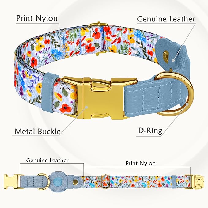 AirTag Dog Collar for Small Medium Large Breed - Adjustable Cute Pattern Dog Collar with Airtag Holder - Soft Leather Tracker GPS Apple Air Tag Pet Collars (Medium, 14"-18" Neck Fit, Floral)
