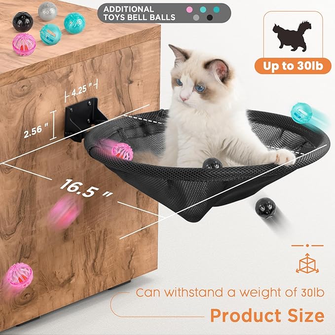 Cat Hammock Wall Mounted, Foldable & Stable Cat Beds- Breathable Cat Wall Shelves for Sleeping, Playing, Climbing, and Lounging - Maximum Hold Up to 30lb (Black)