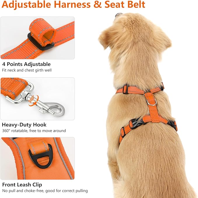 Dog Seat Belt Harness for Car, Dog Car Harness Adjustable Mesh Breathable & Dogs Seatbelt Safety Tether with Elastic Bungee for Small Medium Large Pets(Orange, S)