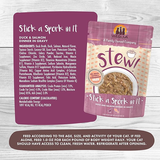Weruva Classic Cat Stews, Stick A Spork in It with Duck & Salmon in Gravy, 3oz Pouch (Pack of 12)