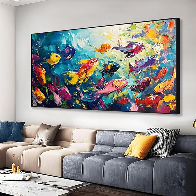 School of Fish Printed Canvas Wall Art – Framed Abstract Ocean Print – Vibrant Fish Wall Decor for Living Room, Bedroom, Office (Black Framed, 24"x12"|60x30cm)