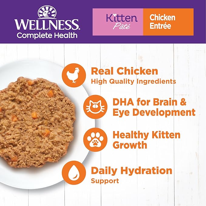 Wellness Complete Health Pate Kitten Wet Cat Food, Natural, Protein-Rich, Grain Free, 3 Ounce, 24 Pack, (Chicken)